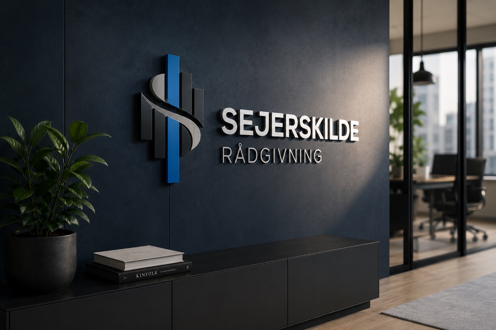 Sejerskilde Rådgivning logo på kontorvæg